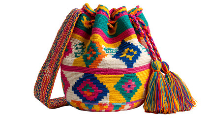 Colombian mochilas wayuu handwoven bag with colorful geometric designs, isolated on a white background