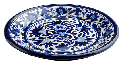 Mexican talavera ceramic plate with blue and white hand-painted design, isolated on a white background