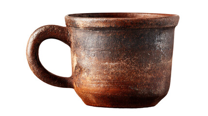 Traditional Colombian clay coffee mug used for tinto with rustic texture, isolated on a white background