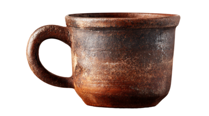 Traditional Colombian clay coffee mug used for tinto with rustic texture, isolated on a white background
