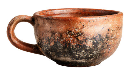 Traditional Colombian clay coffee mug used for tinto with rustic texture, isolated on a white background