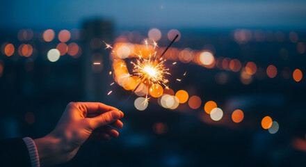 Hand holding a sparkler with bright bokeh lights in the background, capturing the festive spirit of celebration during Christmas and New Year Eve festivities