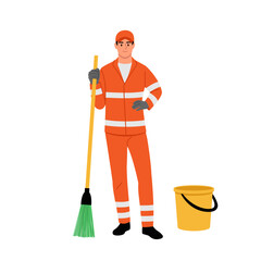 Vector illustration of a young man cleaner in an orange suit, cap. Cartoon scene of a man dressed in a work suit, rubber gloves, holding a broom, bucket isolated on a white background. Tidying up.