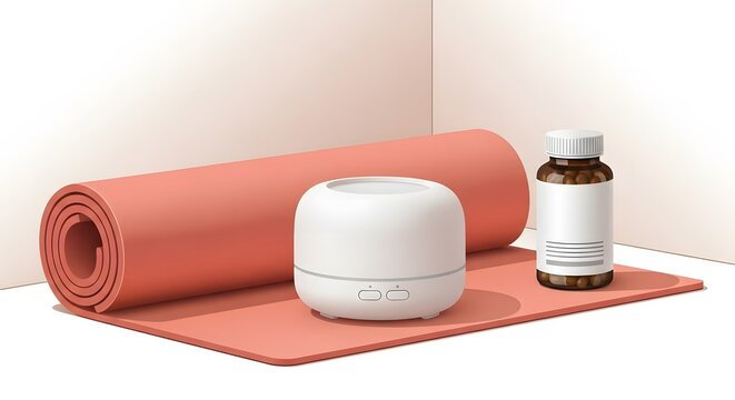 Minimalist wellness composition with yoga mat, essential oil dif