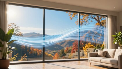 Indoor air purification action in a clean environment with scenic views of nature