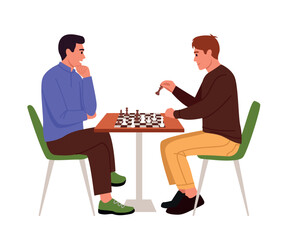 Vector illustration of a chess game tournament. Cartoon scene of two men sitting at a table with a chessboard, fields, chess pieces, making moves isolated on a white background. Strategic thinking.