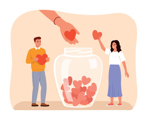 Vector illustration of a donation jar. Cartoon scene of a smiling man and woman throwing hearts into a glass jar full of hearts, isolated on white background. Concept of love, charity, help, support.