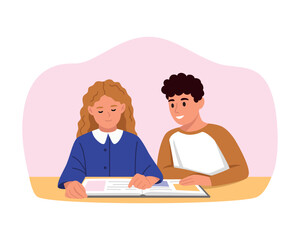 Vector illustration of a preschool girl learning to read.Cartoon scene of a girl reading syllables, sitting at a table with a book, under the supervision of her brother isolated on a white background.