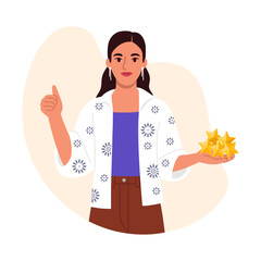 Vector illustration of a business woman holding an award, gold stars. Cartoon scene, beautiful woman showing super gesture, holding five stars in hands isolated on white background. Quality sign.
