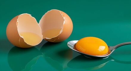 Broken brown eggs and egg yolk on spoon