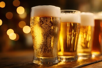 Cold beer glasses with foam on bar counter