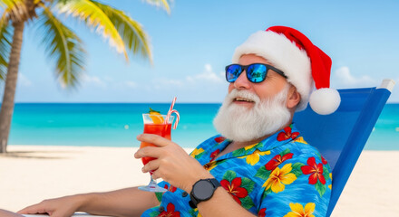 Santa Claus relaxing on a tropical beach chair, wearing sunglasses and a festive red hat, enjoying a colorful cocktail with palm trees and ocean in the background, perfect for holiday vibes