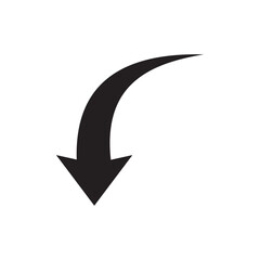 A simple and clear black arrow pointing downwards with a distinct curved trajectory. This versatile graphic element can represent direction navigation or a negative trend.