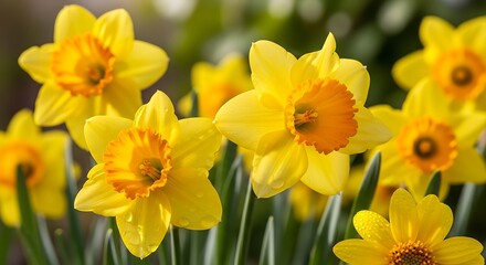 Close up of bright yellow daffodils with orange centers bloom in spring.