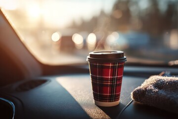 Warm coffee cup in car during sunrise