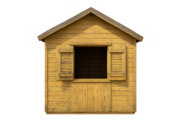 Wooden market stall or kiosk with open window and shutters, empty for sales or display on transparent background