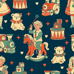 A retro, playful, and bright seamless pattern of vintage toys and children. Features a rocking horse, teddy bear, train, and drum for a childish background.