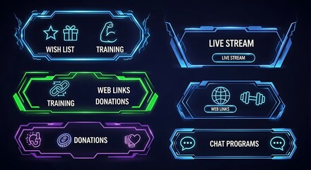 Futuristic digital interface elements for live streaming and online content.