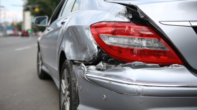 Damaged silver car on side of road