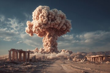 Massive mushroom cloud over a desolate landscape