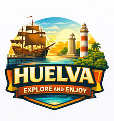Huelva logo featuring historic ship, lighthouse, ocean view, palm trees and sunset sky