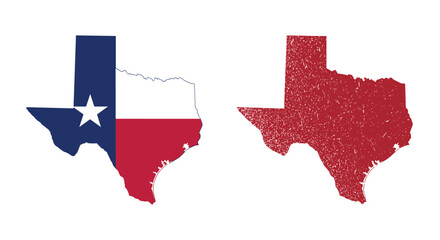 Fototapeta premium Two vector map illustrations of the state of Texas, one filled with the Texan flag and the other with a red grunge texture.