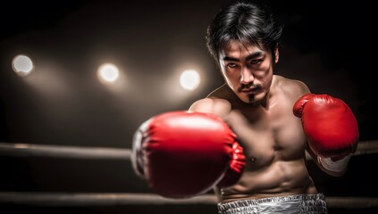 Asian boxer delivering punch in boxing ring spotlights