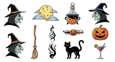 Fototapeta premium A vibrant collection of colorful cartoon Halloween icons, including witches, a full moon, potions, a black cat, and pumpkins.