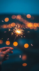 Hand holding a sparkler with bright bokeh lights in the background, capturing the festive spirit of celebration during Christmas and New Year Eve festivities