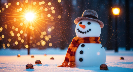Snowman adorned with a cozy scarf and hat stands in a snowy landscape, illuminated by warm lights, capturing the essence of winter festivities and christmas holiday cheer