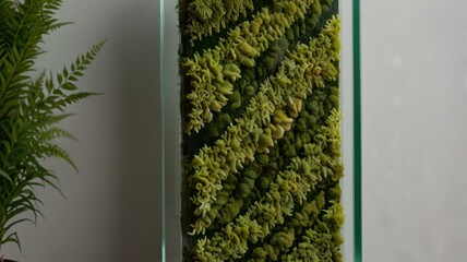 Zen Nature Installation with Moss Diagonal Stripes Growing Over Stone and Glass Background