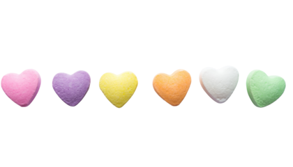 Valentine day colorful heart shaped candies in a row perfect for celebrating love and transparent background and plain white background