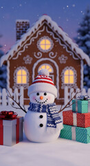 Snowman wearing a red and white striped hat and blue scarf stands cheerfully in front of a cozy gingerbread house surrounded by colorful wrapped gifts, evoking holiday spirit