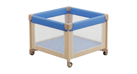 Portable baby playpen blue padded top breathable mesh beige frame wheels Safe infant play yard and travel cribs for