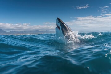 Fototapeta premium Shark fin above water in deep sea