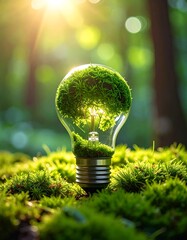 Nature inspired Light Bulb with Green Moss and Glowing Filament in Lush Forest
