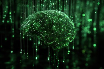 Digital brain made of green circuit lines
