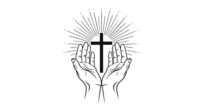 A pair of open hands gently holds a Christian cross with radiant light beams emanating from it in a simple line art style.