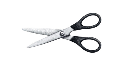 Open metal scissor with black handle, sharp blade, isolated on transparency background, used for cutting paper, fabric, or craft, practical and simple tool