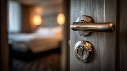 Obraz premium Entrance to hotel room with half open door
