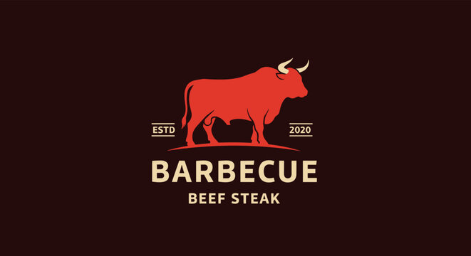 A strong and simple logo for a barbecue beef steak restaurant, featuring a bold red bull silhouette on a dark background.