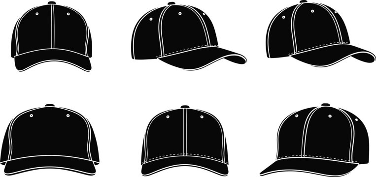 Baseball cap silhouette set, black sport hat front side angle views, headwear design collection, minimalist vector illustration