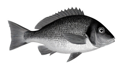Obraz premium Black and white fish illustration detailed scale texture side view aquatic animal marine life realistic drawing isolated on transparency background educational scientific calm expression
