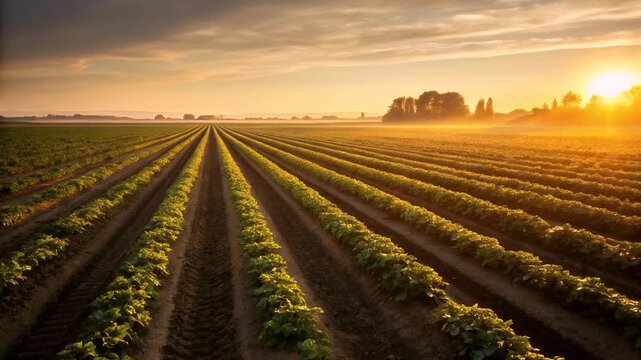 Young potato field sunrise golden light over rows of crop agriculture rural landscape misty morning soil sunlight creating peaceful farming horizon