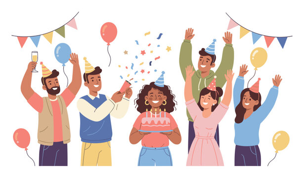 Diverse group celebrating a birthday with cake and balloons