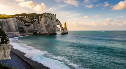 Majestic white cliffs meet turquoise ocean waves at sunrise.