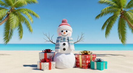 Snowman wearing a red and white striped hat and blue scarf stands on a sandy beach surrounded by colorful gift boxes, embodying a festive holiday spirit in a tropical setting