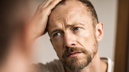 Fototapeta premium Concerned man examining his receding hairline portrait