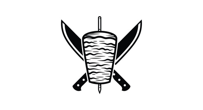 A striking black and white logo featuring a vertical rotisserie of doner kebab meat with two large crossed knives in the background.