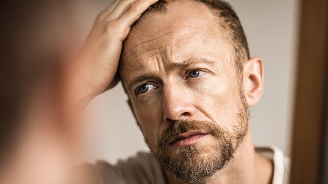 Concerned man examining his receding hairline portrait